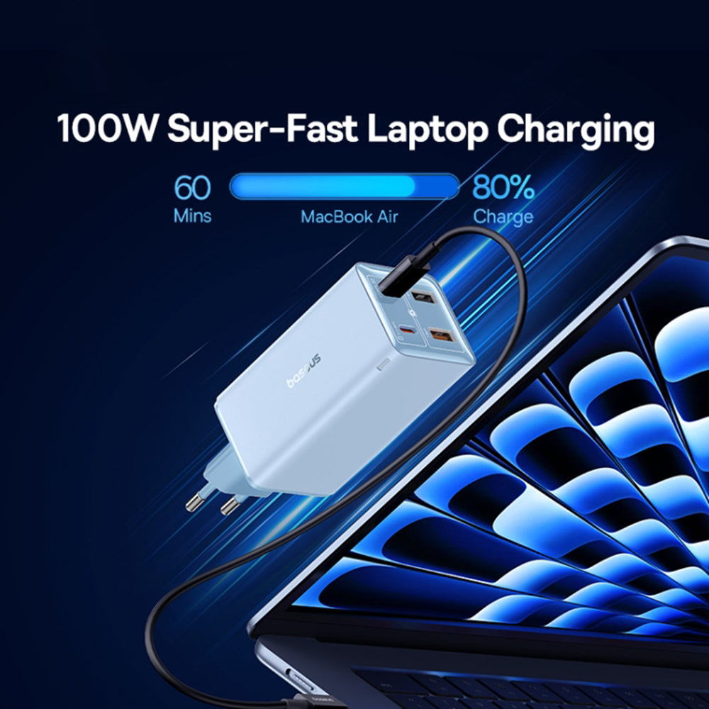 Ładowarka sieciowa z kablem USB-C Baseus GaN6 Pro, 100W, 3.25A, 2 x USB-A - 2 x USB-C, Niebieski P10162705312-00