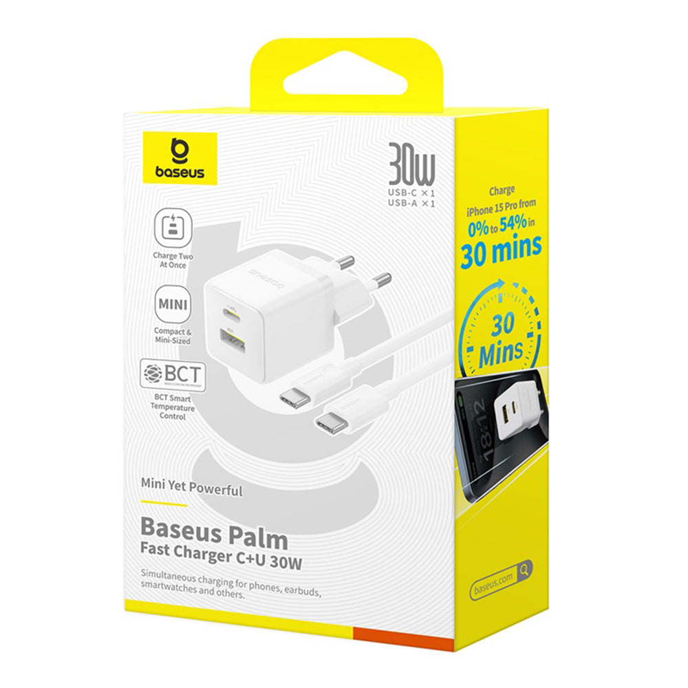Ładowarka sieciowa z kablem USB-C Baseus Palm, 30W, 3A, 1 x USB-A - 1 x USB-C, Biała P1011160A213-01