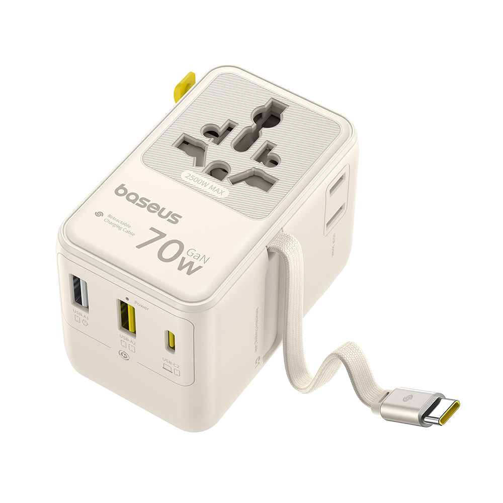 Ładowarka sieciowa z kablem USB-C Baseus Travel EnerCore CG11, 70W, 2 x gniazdko - 1 x USB-C - 2 x USB-A, biały E0307E01