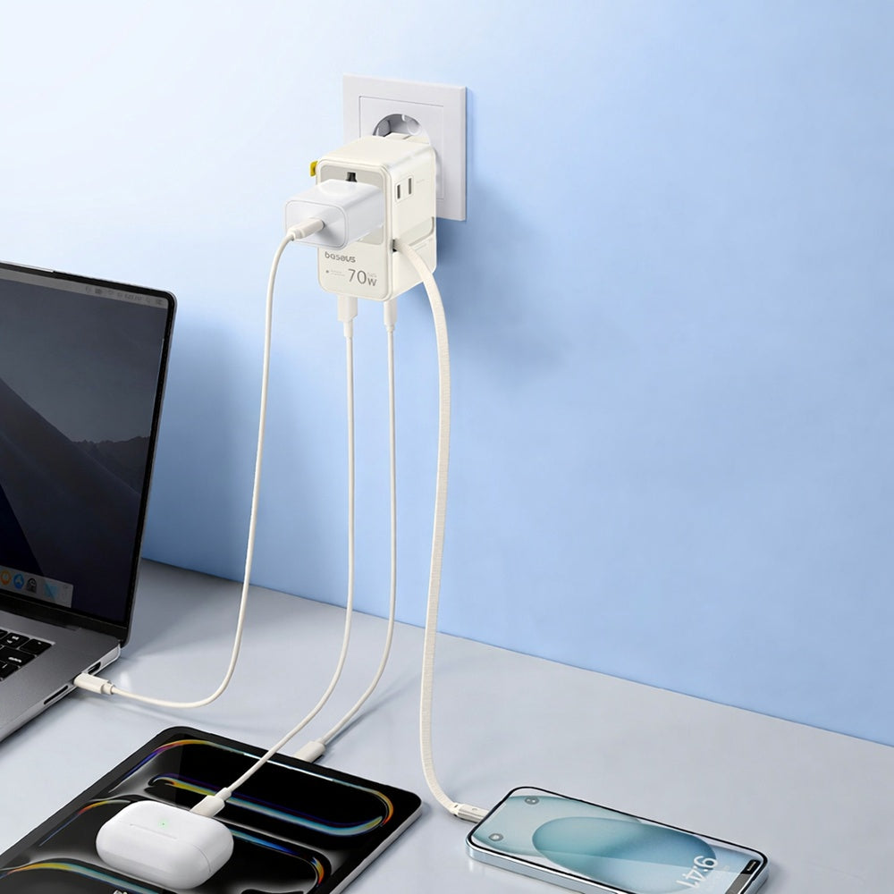Ładowarka sieciowa z kablem USB-C Baseus Travel EnerCore CG11, 70W, 2 x gniazdko - 1 x USB-C - 2 x USB-A, biały E0307E01