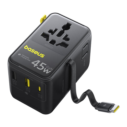 Ładowarka sieciowa z kablem USB-C Baseus Travel PicoGo AG11, 45W, 2 x gniazdko - 1 x USB-C - 2 x USB-A, czarna E0307F00