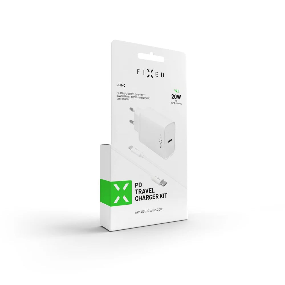 Ładowarka sieciowa z kablem USB-C Fixed, 20W, 3A, 1 x USB-C, Biała
