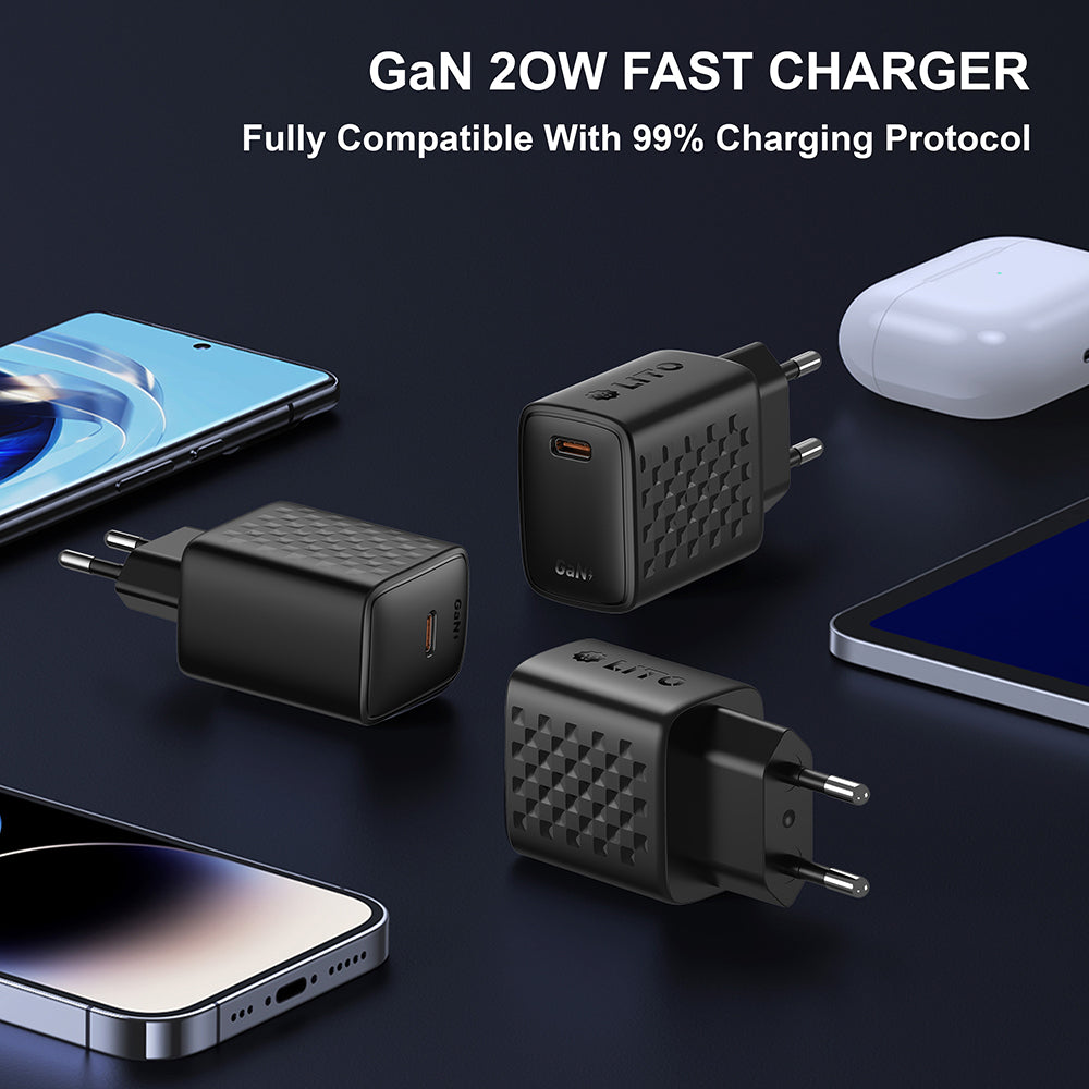 Ładowarka sieciowa z kablem USB-C Lito LC13T, 20W, 3A, 1 x USB-C, Czarna