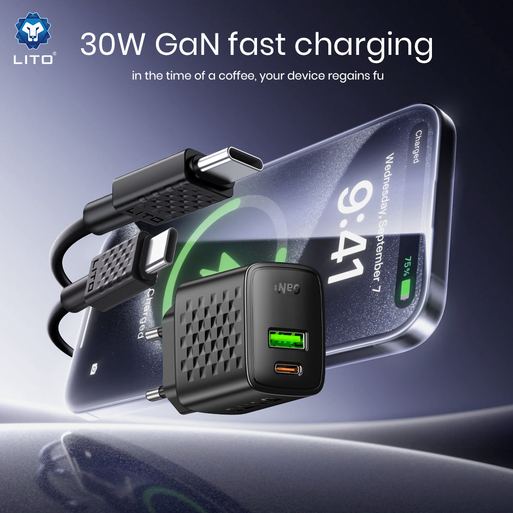 Ładowarka sieciowa z kablem USB-C Lito LC19T, 30W, 3A, 1 x USB-A - 1 x USB-C, Czarna