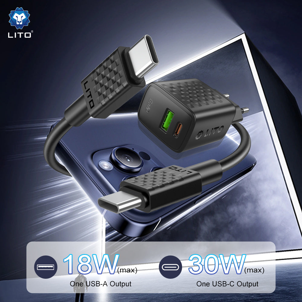 Ładowarka sieciowa z kablem USB-C Lito LC19T, 30W, 3A, 1 x USB-A - 1 x USB-C, Czarna