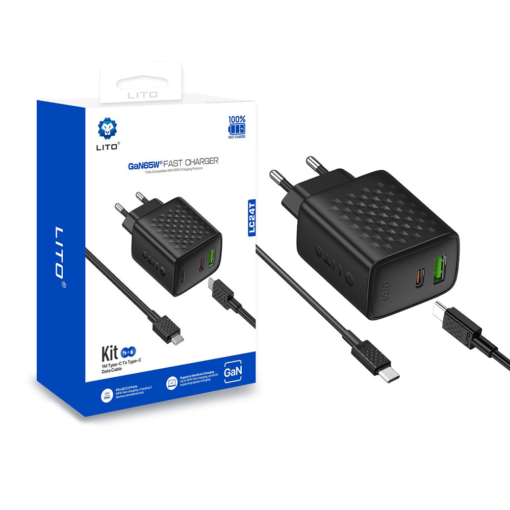 Ładowarka sieciowa z kablem USB-C Lito LC24T, 65W, 3.25A, 1 x USB-A - 1 x USB-C, Czarna