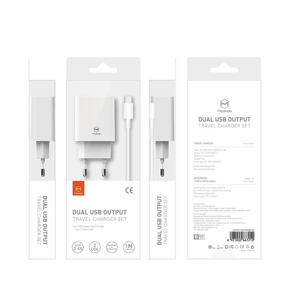 Ładowarka sieciowa z kablem USB-C McDodo CH-6721 Offer, 12W, 2.4A, 2 x USB-A, Biała