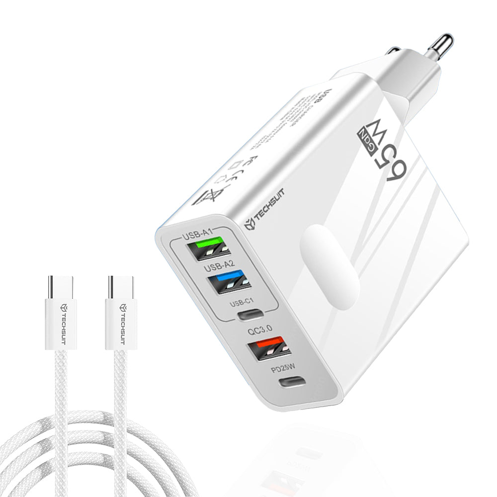 Network Charger with USB-C Cable Techsuit CHC1 PentaXPower, 25W, 3A, 3 x USB-A - 2 x USB-C, White