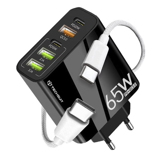 Ładowarka sieciowa z kablem USB-C Techsuit CHC2 PentaXPower, 20W, 3A, 3 x USB-A - 2 x USB-C, Czarny