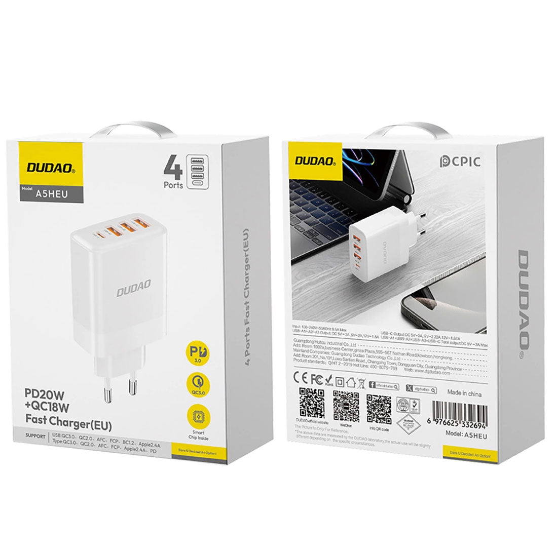 Ładowarka sieciowa Dudao A5HEU, 20W, 3A, 1 x USB-C - 3 x USB-A, biała