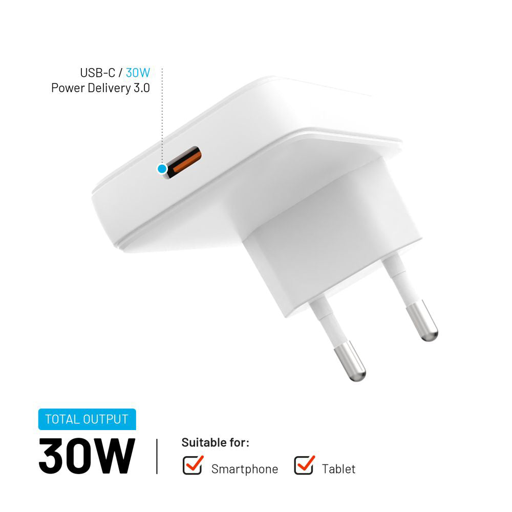 Ładowarka sieciowa Fixed, 30W, 3A, 1 x USB-C, Biała