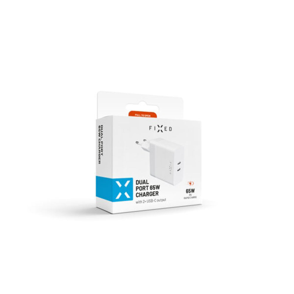 Ładowarka sieciowa Fixed, 65W, 3.25A, 2 x USB-C, Biała