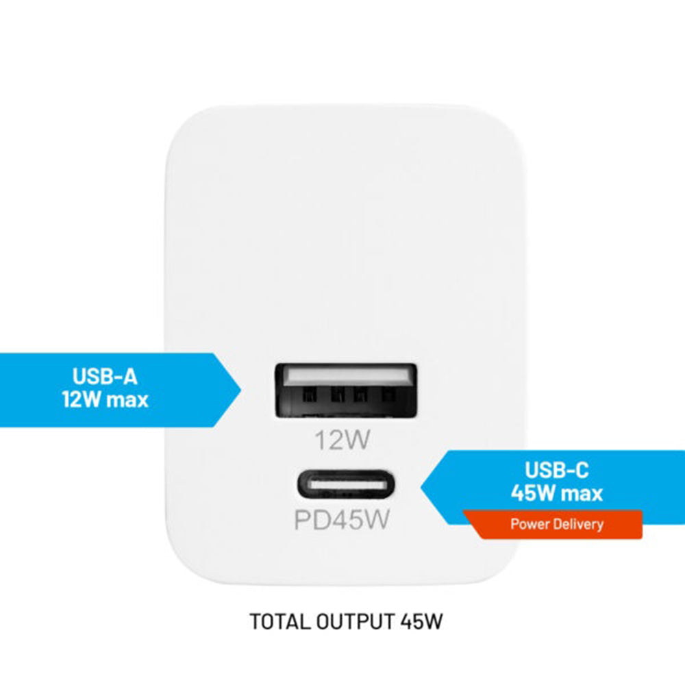 Ładowarka sieciowa Fixed Mini, 45W, 3A, 1 x USB-A - 1 x USB-C, Biała