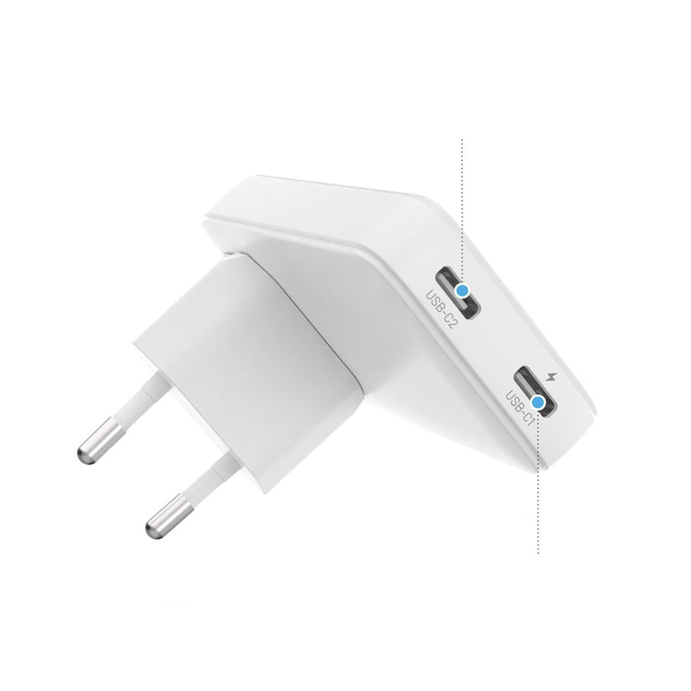 Ładowarka sieciowa Fixed Travel, 45W, 3A, 2 x USB-C, Biała
