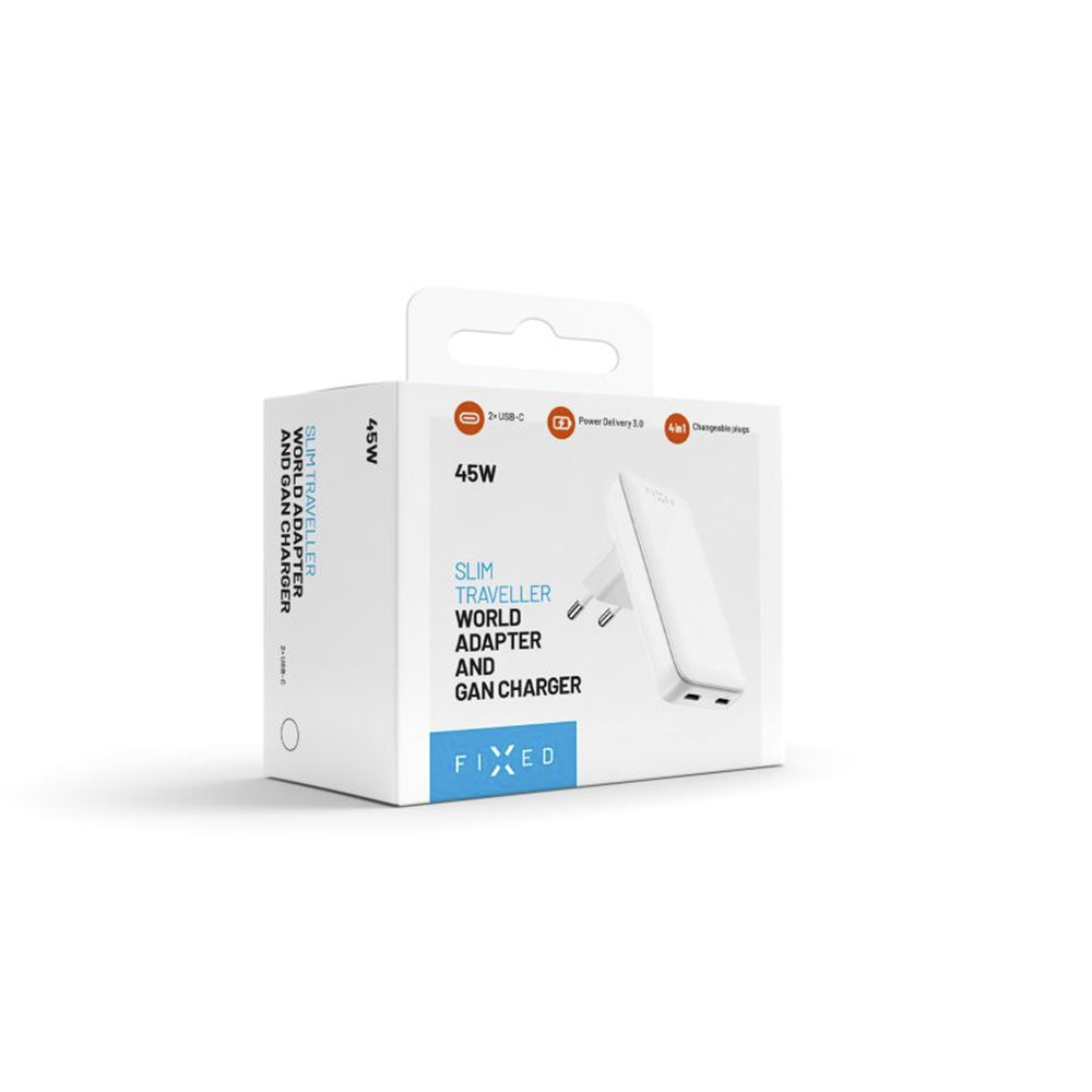 Ładowarka sieciowa Fixed Travel, 45W, 3A, 2 x USB-C, Biała