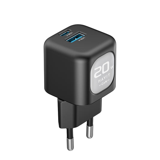 Ładowarka sieciowa HAVIT UC220, 20W, 3A, 1 x USB-A - 1 x USB-C, Czarno-Szara