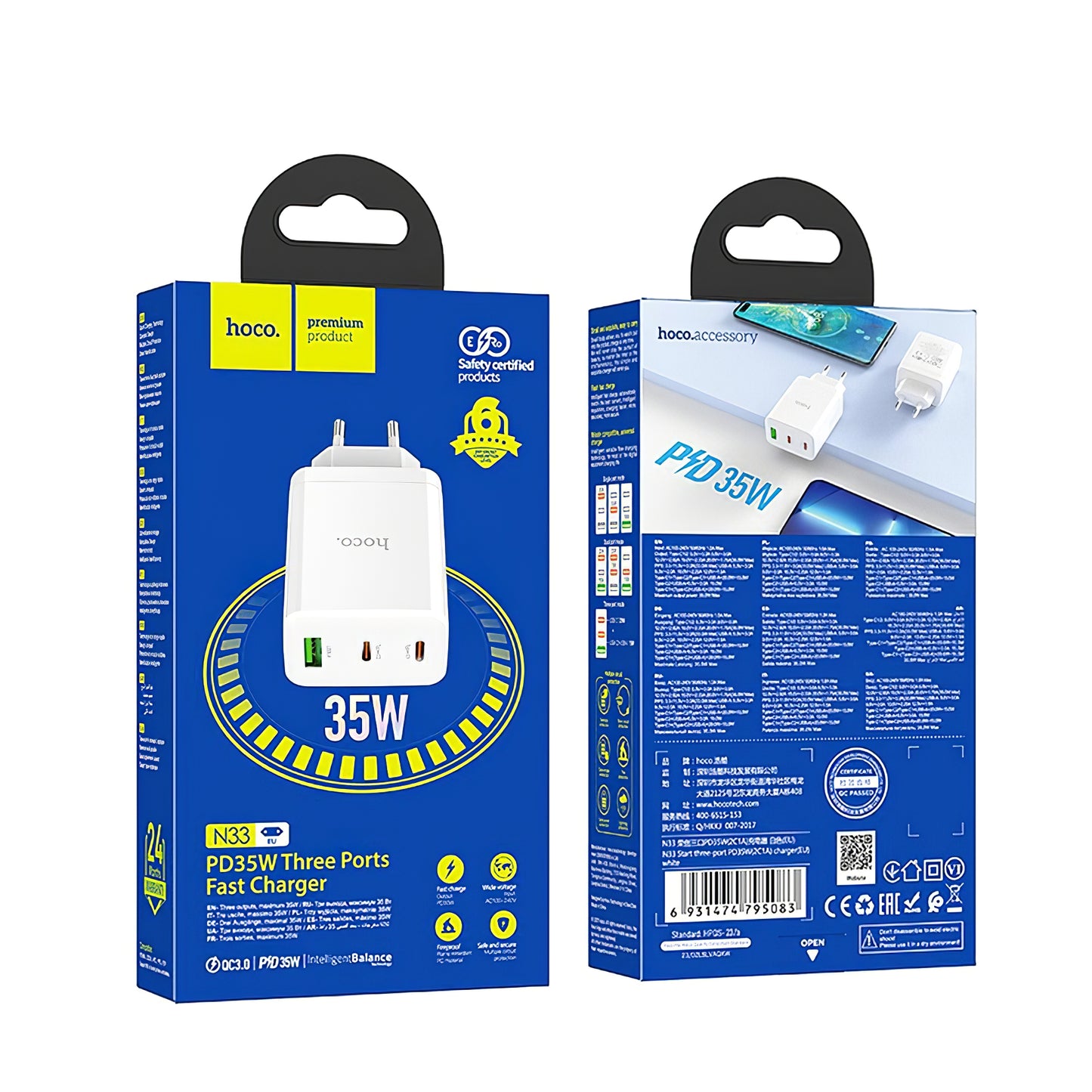 Ładowarka sieciowa HOCO N33, 35W, 3A, 1 x USB-A - 2 x USB-C, biała