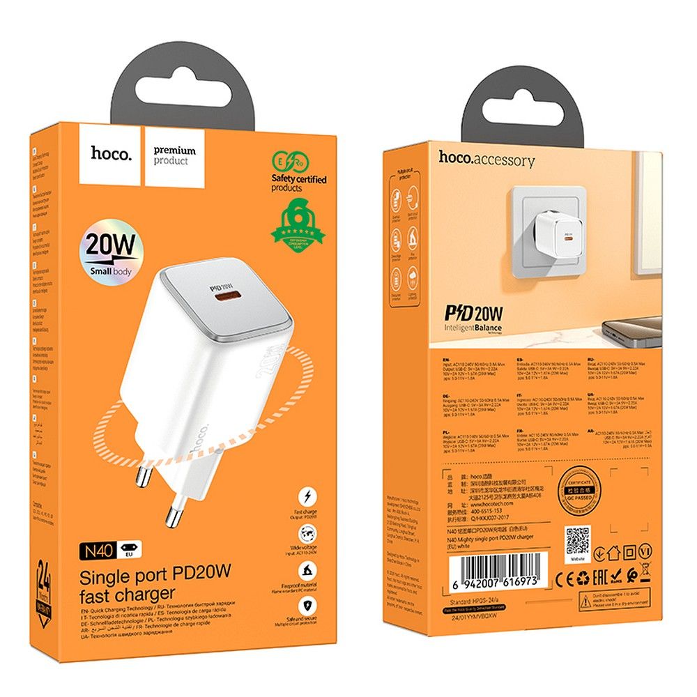 Ładowarka sieciowa HOCO N40, 20W, 3A, 1 x USB-C, Biała