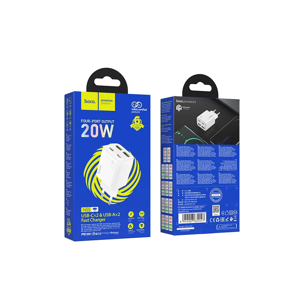 Ładowarka sieciowa HOCO N56, 30W, 3A, 2 x USB-A - 2 x USB-C, Biała