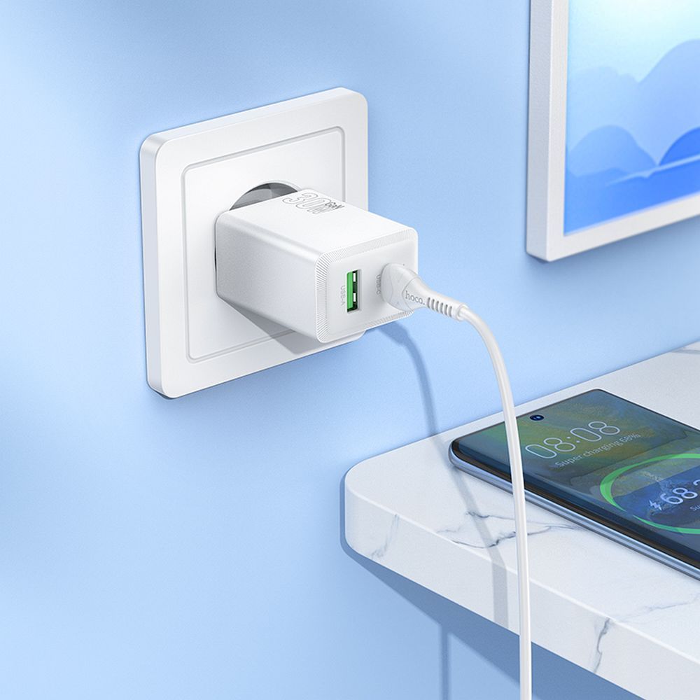 Ładowarka sieciowa HOCO N71, 30W, 3A, 1 x USB-A - 1 x USB-C, Biała