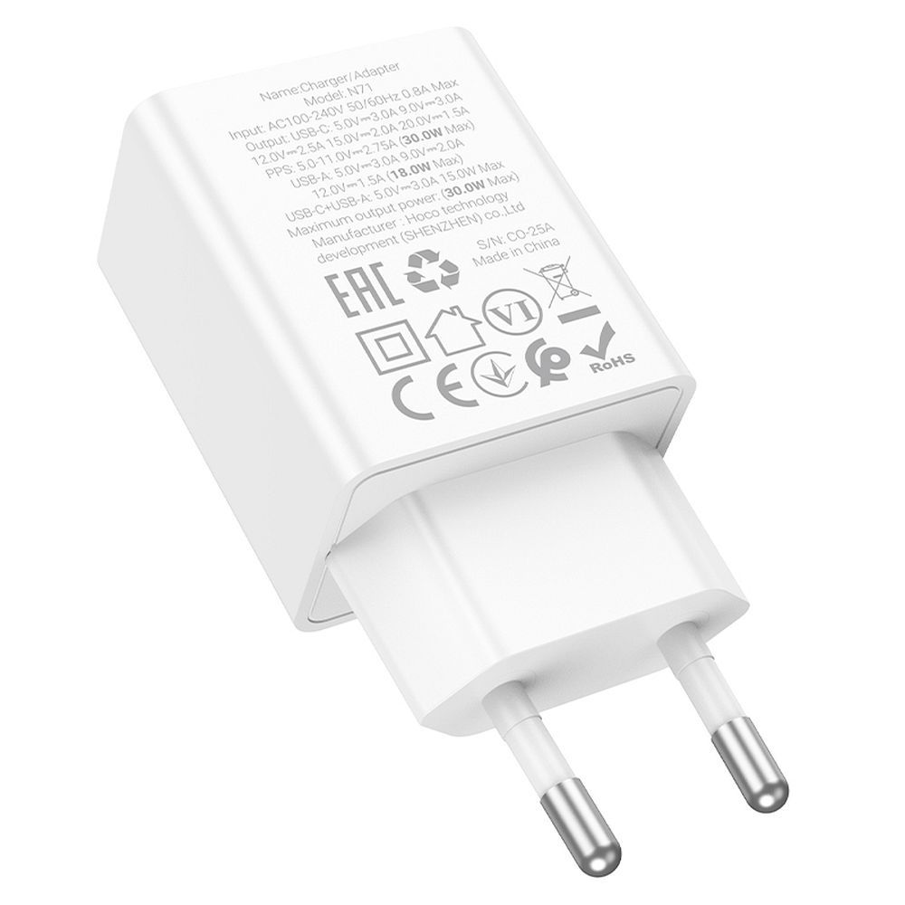 Ładowarka sieciowa HOCO N71, 30W, 3A, 1 x USB-A - 1 x USB-C, Biała