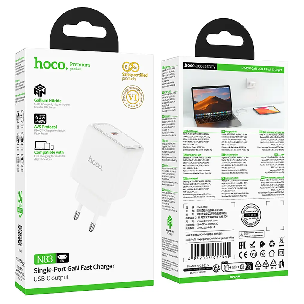 Ładowarka sieciowa HOCO N83, 40W, 3A, 1 x USB-C, Biała