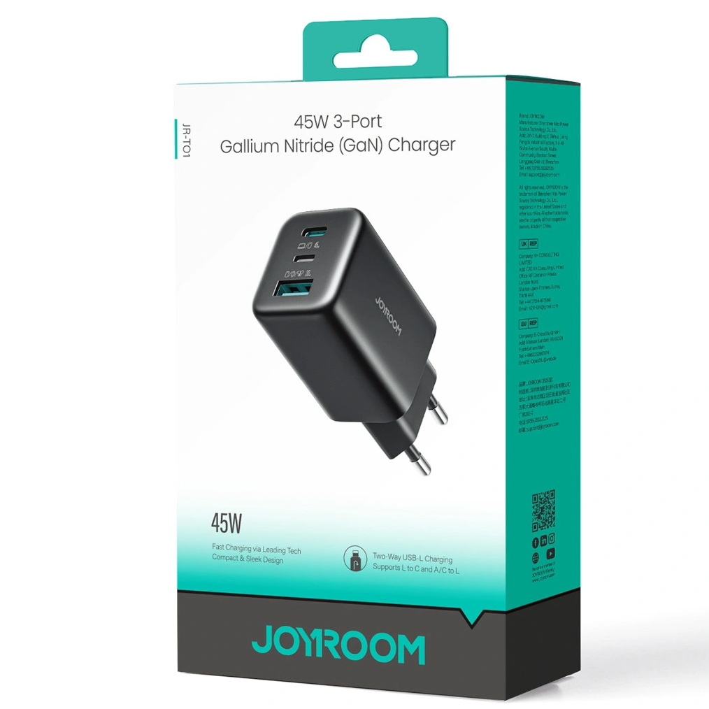 Ładowarka sieciowa Joyroom JR-TO1, 45W, 3A, 1 x Lightning - 1 x USB-A - 1 x USB-C, Czarny
