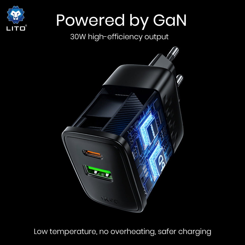 Ładowarka sieciowa Lito LC19, 30W, 3A, 1 x USB-A - 1 x USB-C, Czarny