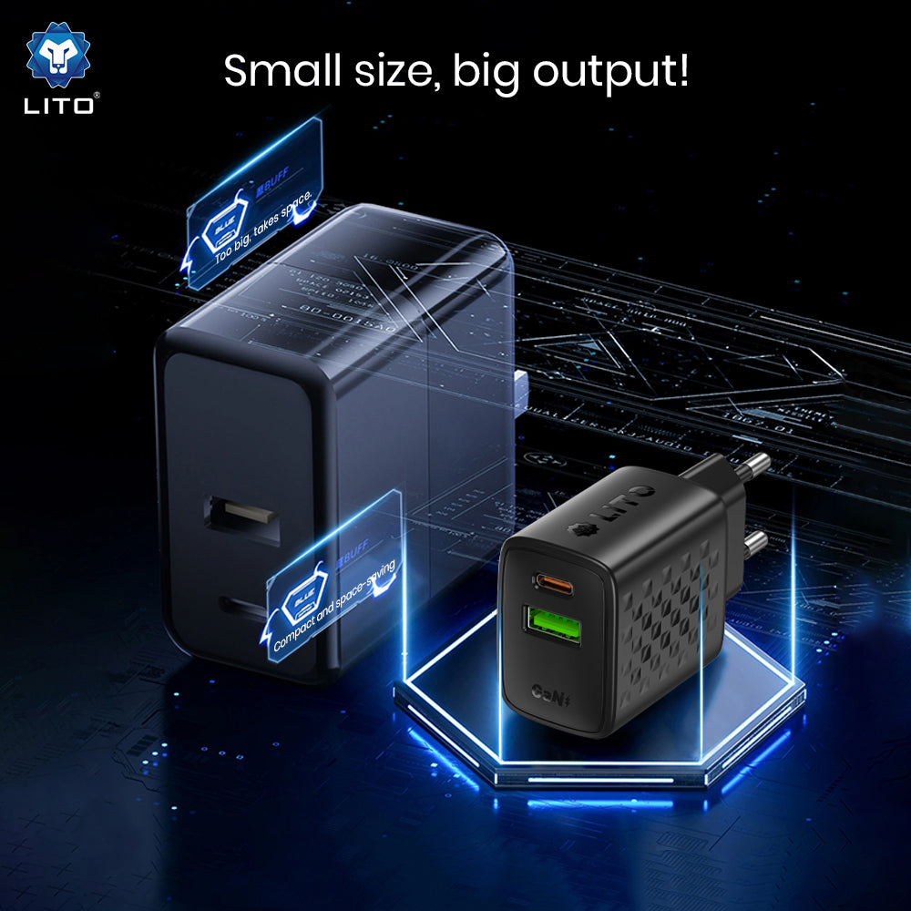 Ładowarka sieciowa Lito LC24, 65W, 3.25A, 1 x USB-A - 1 x USB-C, Czarny