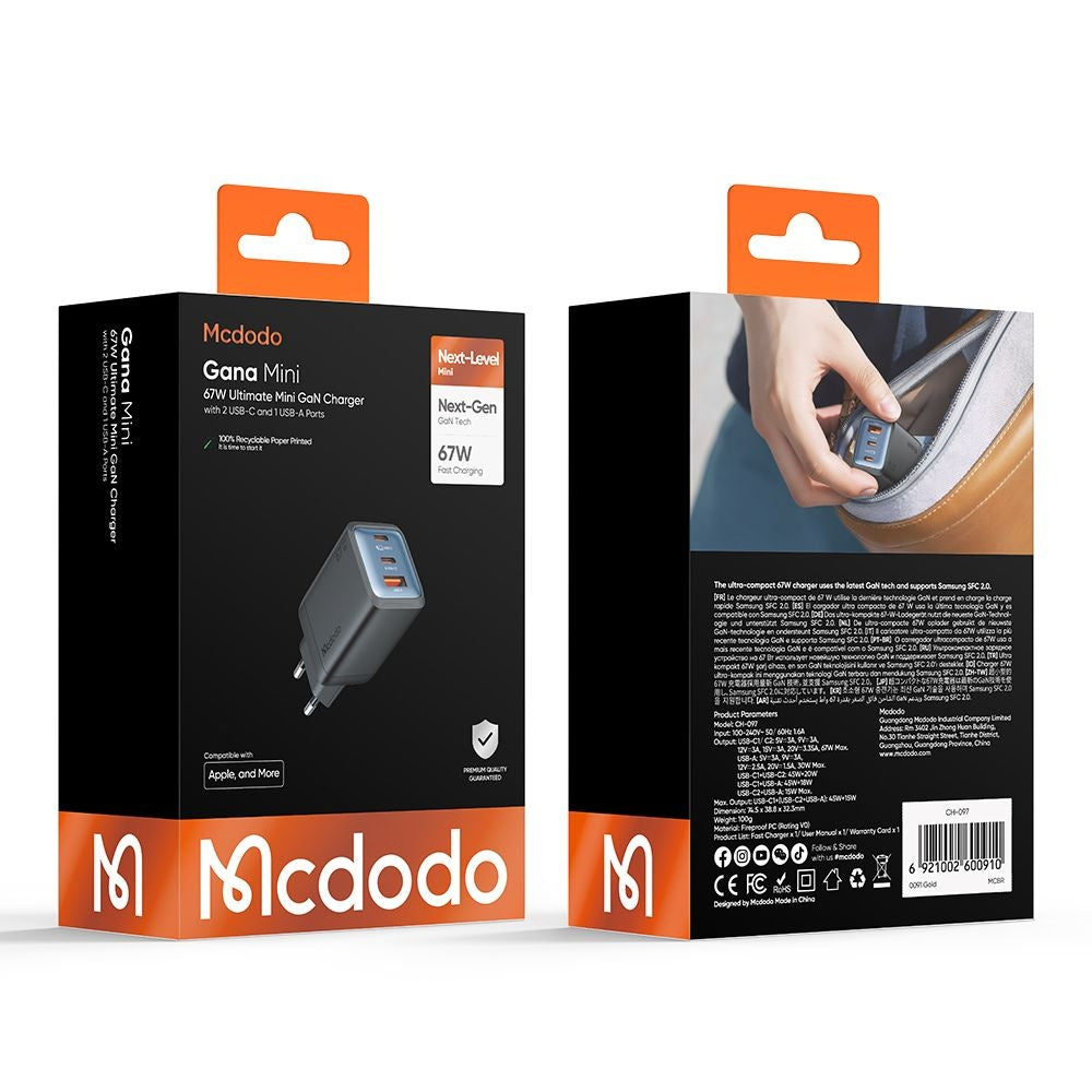 Ładowarka sieciowa McDodo CH-0970 Gana Mini, 67W, 3A, 1 x USB-A - 2 x USB-C, Czarny