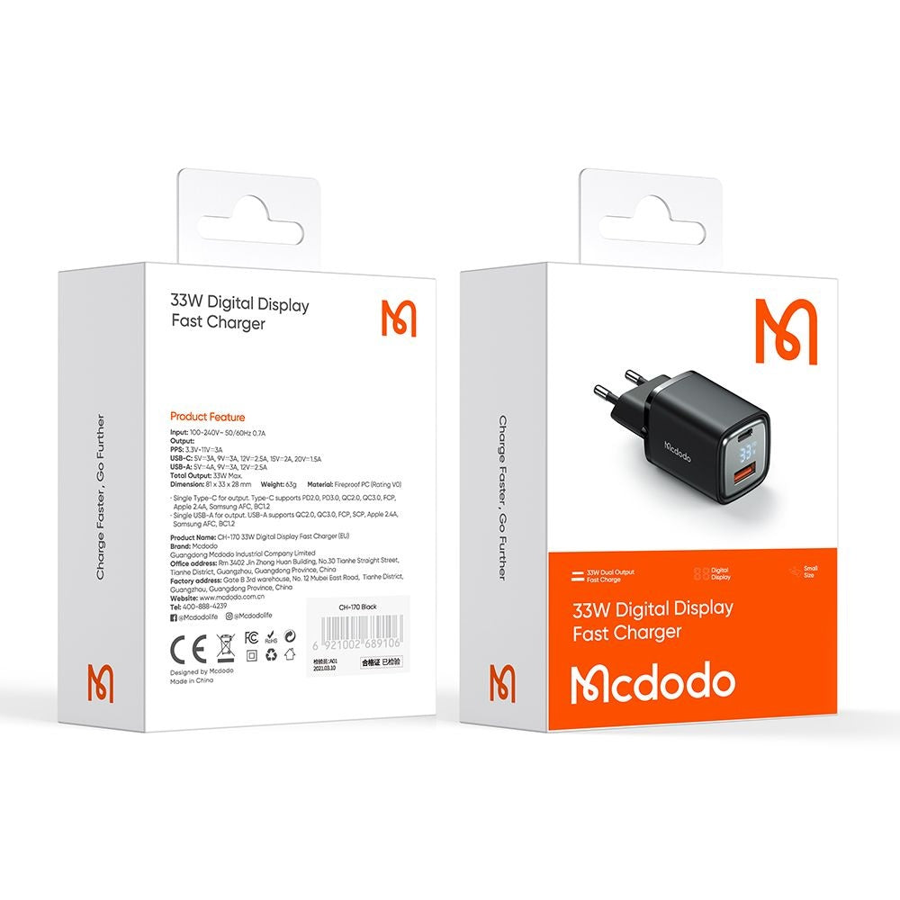 Ładowarka sieciowa McDodo CH-1701 Graphite Display, 33W, 3A, 1 x USB-A - 1 x USB-C, Czarny