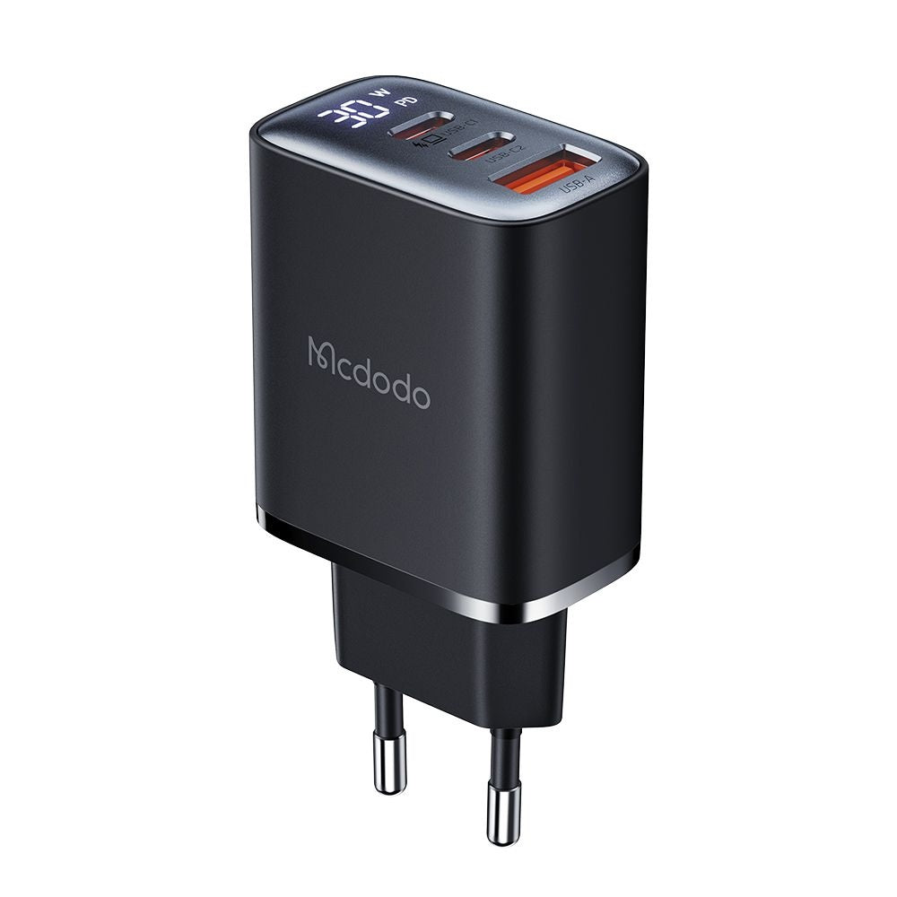 Ładowarka sieciowa McDodo CH-2180 Display, 30W, 3A, 1 x USB-A - 2 x USB-C, Czarny
