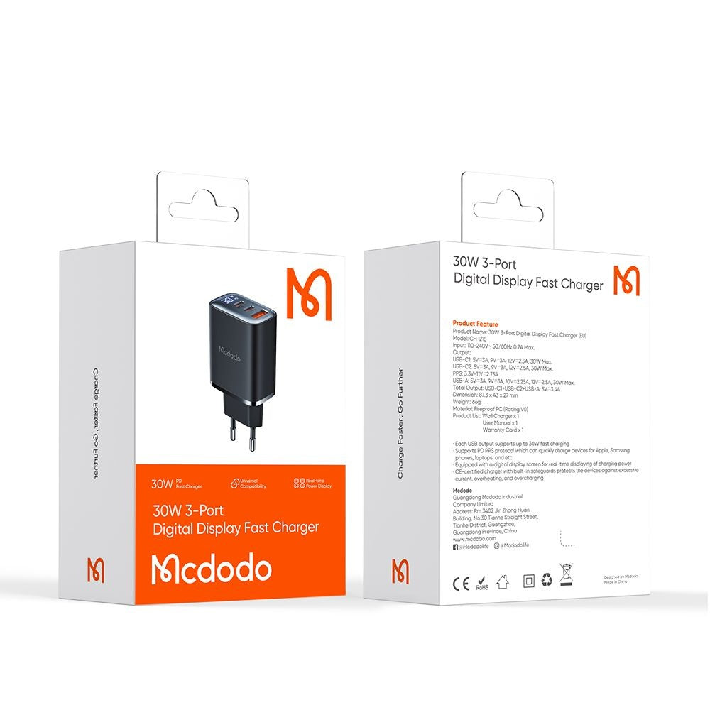 Ładowarka sieciowa McDodo CH-2180 Display, 30W, 3A, 1 x USB-A - 2 x USB-C, Czarny