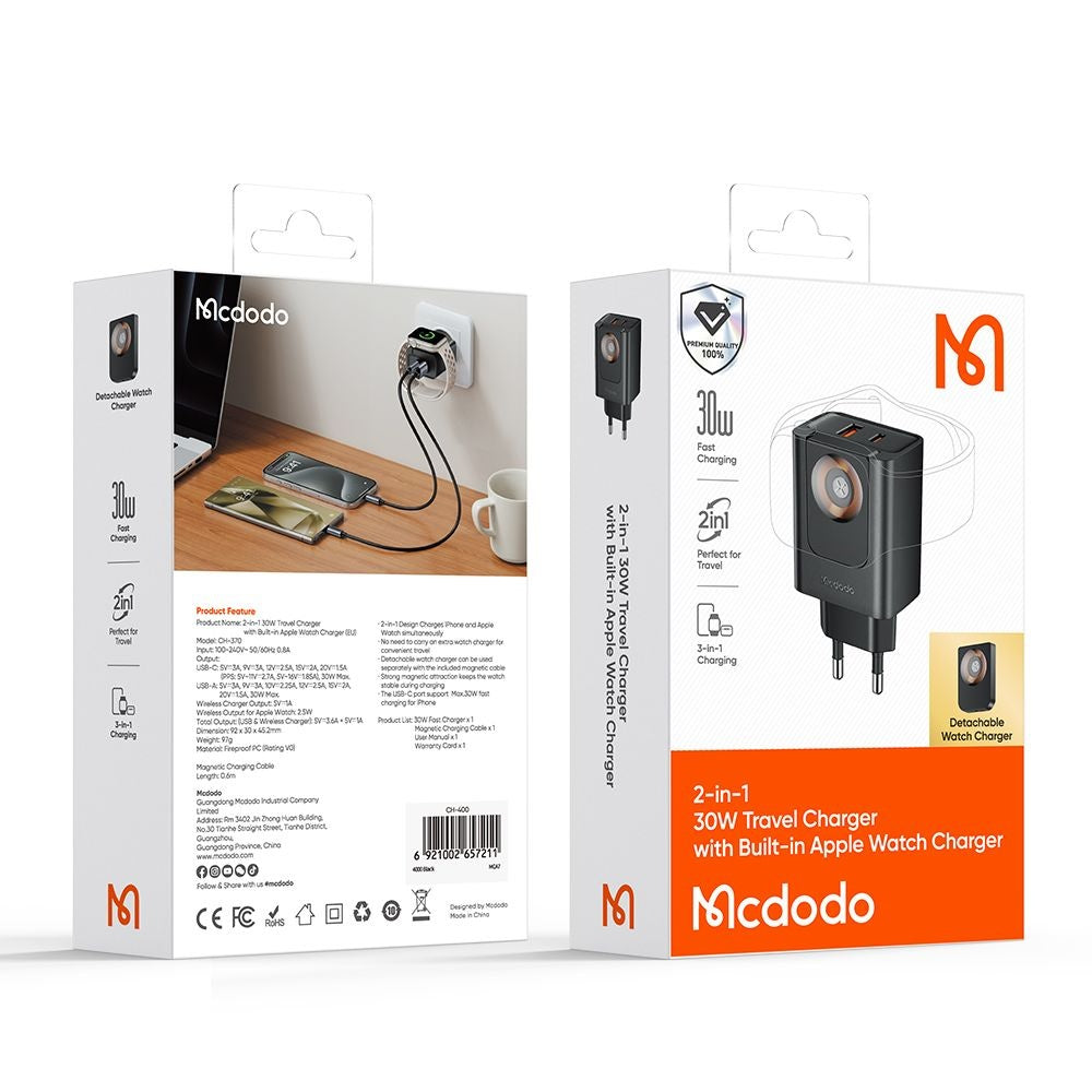 Ładowarka sieciowa McDodo CH-3700 Companion, 30W, 3A, 1 x USB-A - 1 x USB-C, Czarny