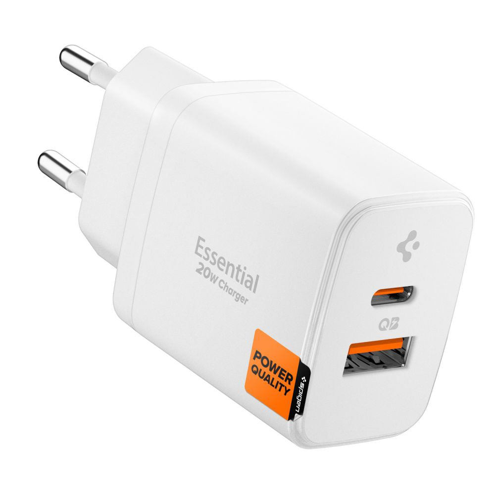 Ładowarka sieciowa Spigen Essential, 20W, 3A, 1 x USB-A - 1 x USB-C, Biała