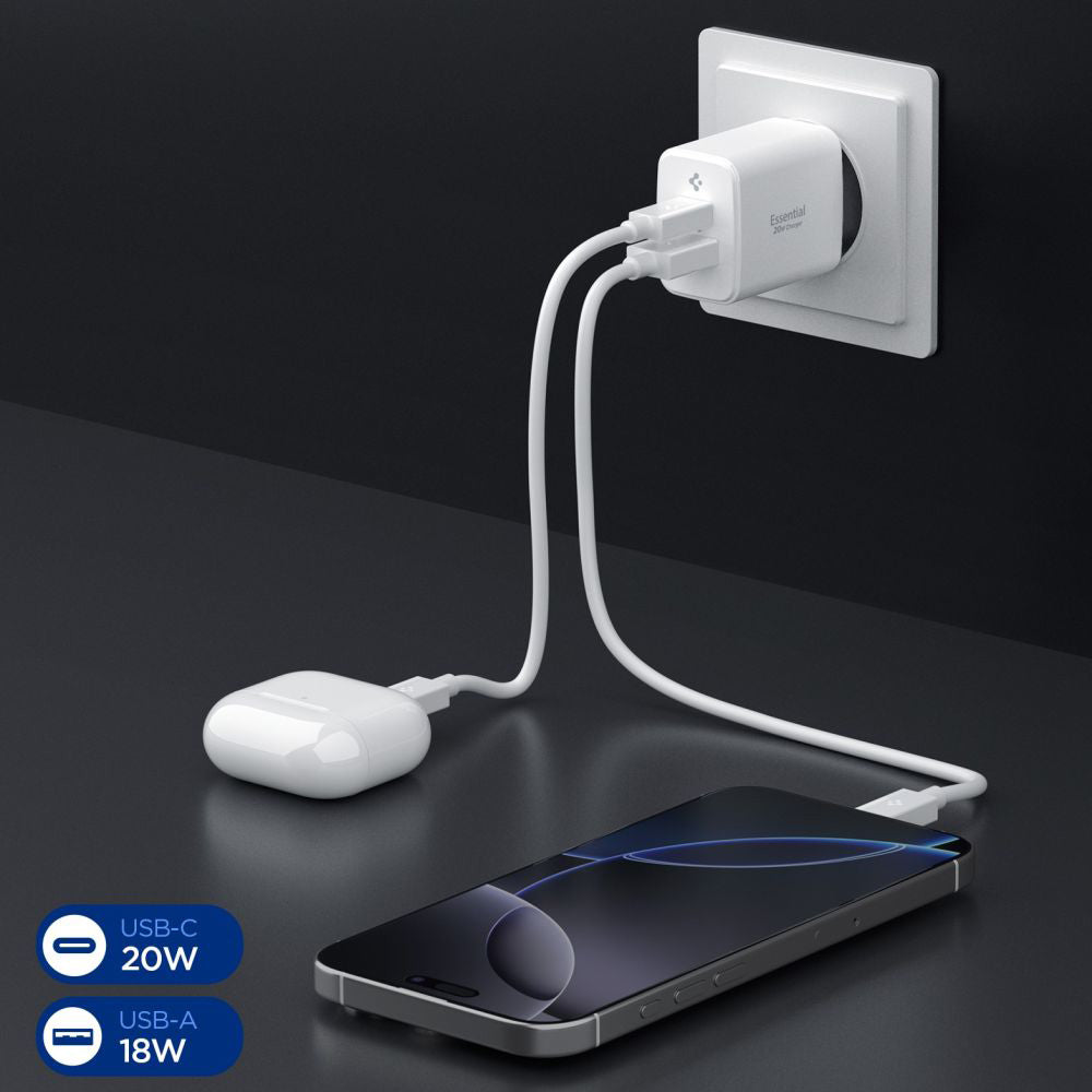 Ładowarka sieciowa Spigen Essential, 20W, 3A, 1 x USB-A - 1 x USB-C, Biała
