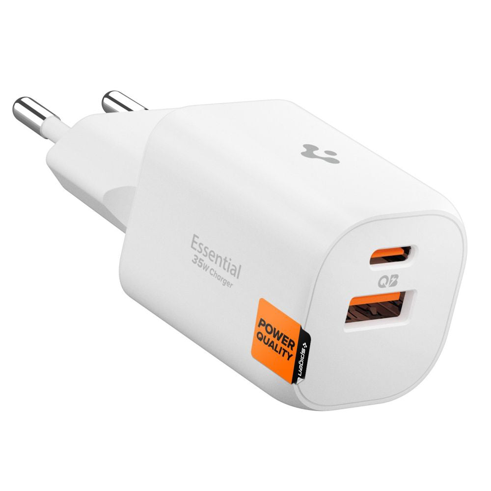 Ładowarka sieciowa Spigen Essential, 35W, 3A, 1 x USB-A - 1 x USB-C, Biała
