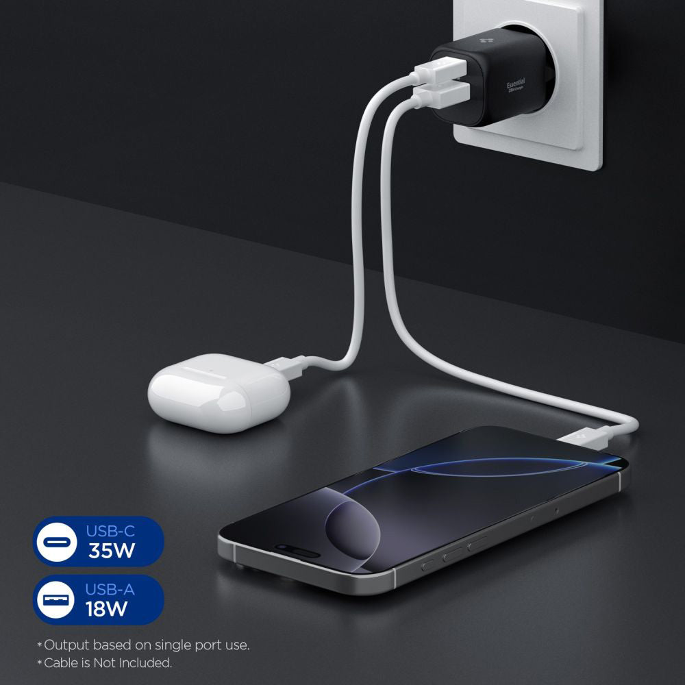 Ładowarka sieciowa Spigen Essential, 35W, 3A, 1 x USB-A - 1 x USB-C, Czarny ACH09463