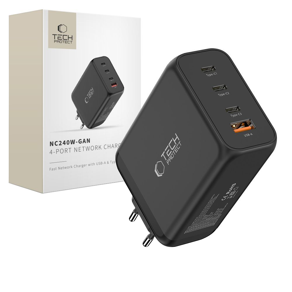 Tech-Protect NC240W-GAN Network Charger, 240W, 5A, 1 x USB-A - 3 x USB-C, Black