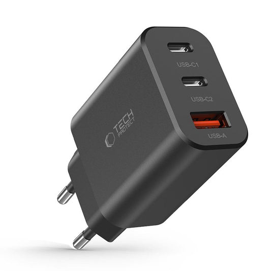 Network Charger Tech-Protect NC30W, 30W, 3A, 1 x USB-A - 2 x USB-C, Black