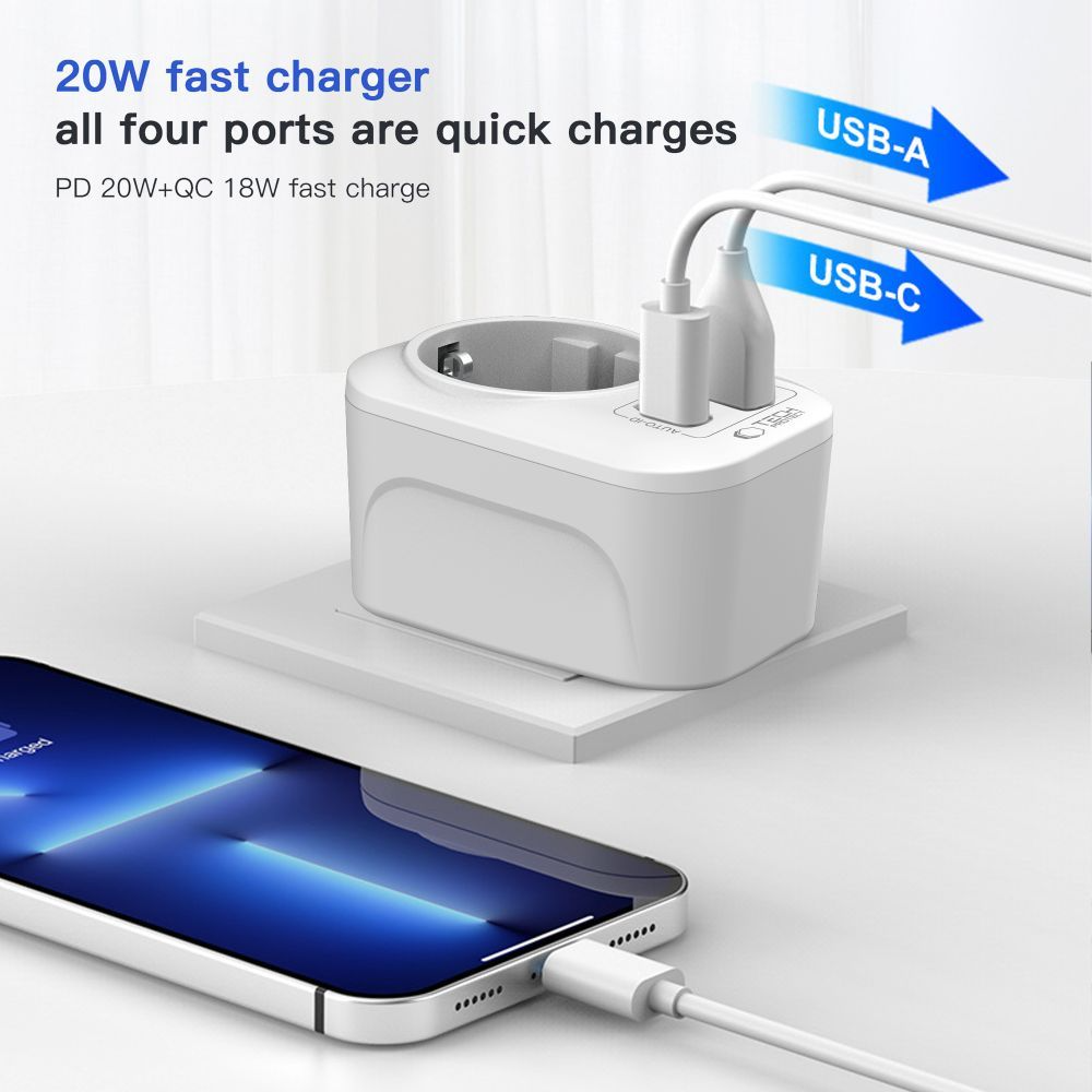 Ładowarka sieciowa Tech-Protect TA100 Travel UK, 20W, 3A, 1 x Schuko - 1 x USB-A - 1 x USB-C, Biała