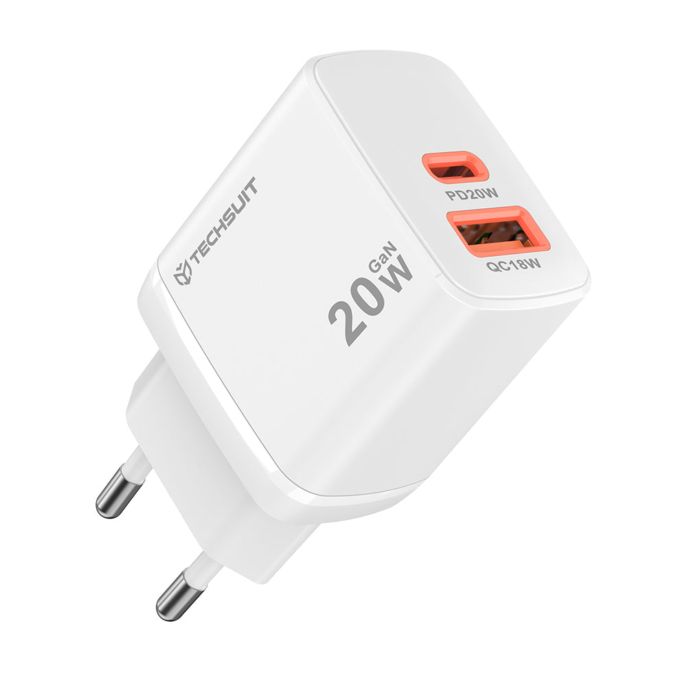 Ładowarka sieciowa Techsuit CH2 Duonix, 20W, 3A, 1 x USB-A - 1 x USB-C, Biała