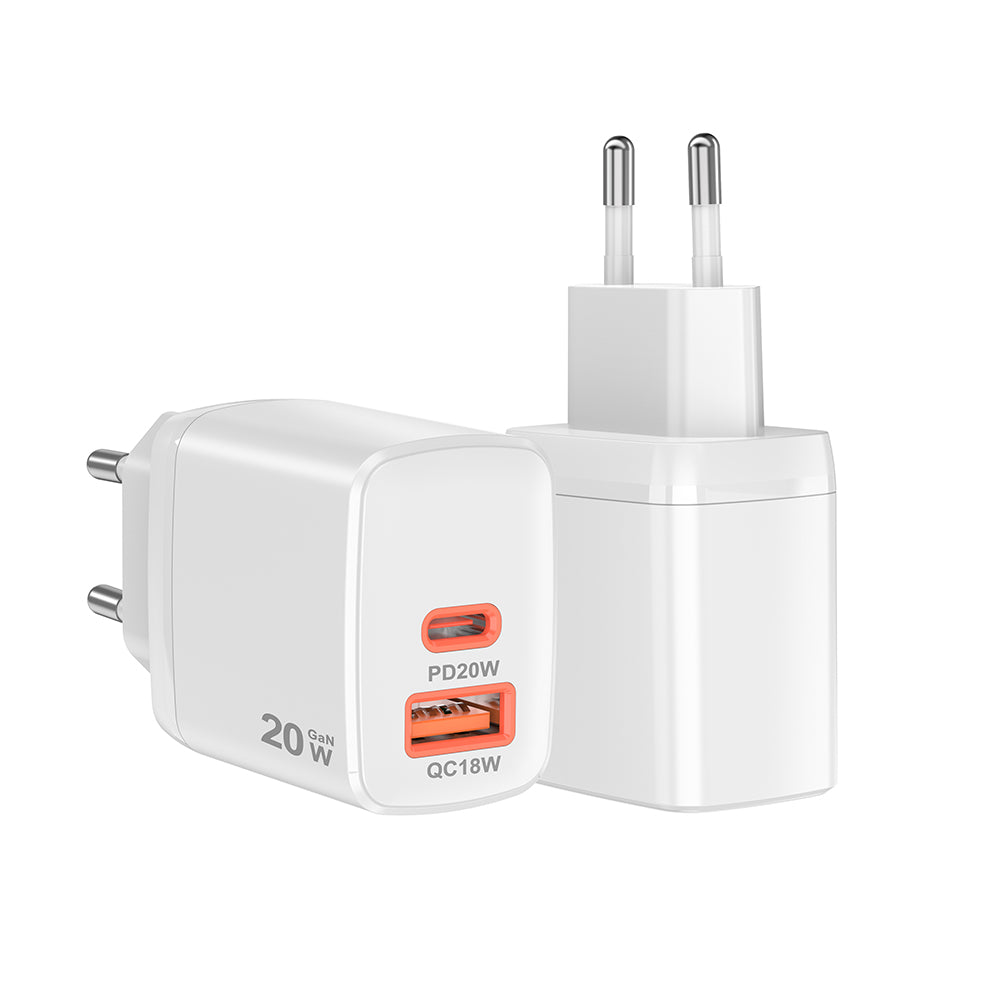 Ładowarka sieciowa Techsuit CH2 Duonix, 20W, 3A, 1 x USB-A - 1 x USB-C, Biała
