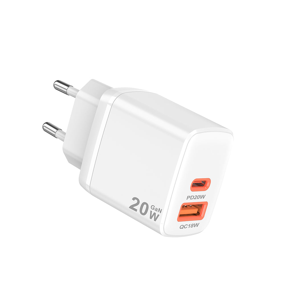 Ładowarka sieciowa Techsuit CH2 Duonix, 20W, 3A, 1 x USB-A - 1 x USB-C, Biała