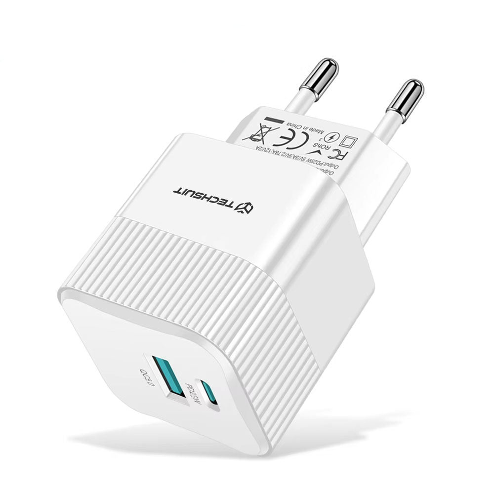 Ładowarka sieciowa Techsuit CHPD216 Tiny, 25W, 3A, 1 x USB-A - 1 x USB-C, Biała
