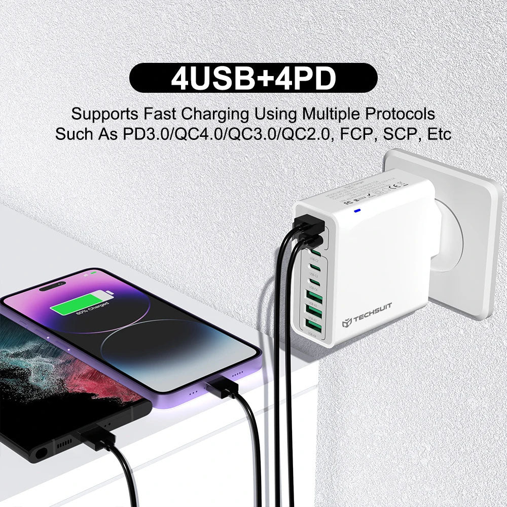Ładowarka sieciowa Techsuit CHPD224, 65W, 3.25A, 4 x USB-A - 4 x USB-C, Biała