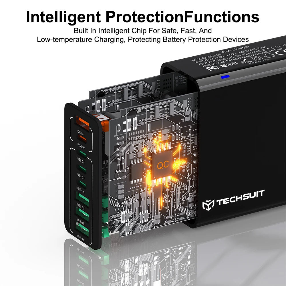 Ładowarka sieciowa Techsuit CHPD224, 65W, 3.25A, 4 x USB-A - 4 x USB-C, Czarny