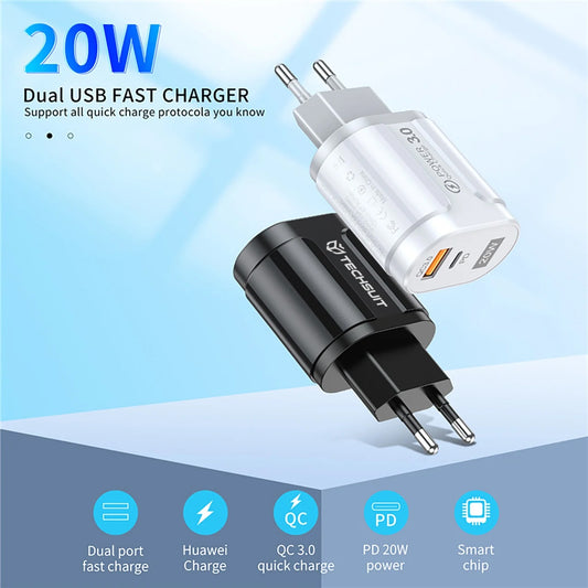 Ładowarka sieciowa Techsuit Premium, 20W, 3A, 1 x USB-A - 1 x USB-C, Biała