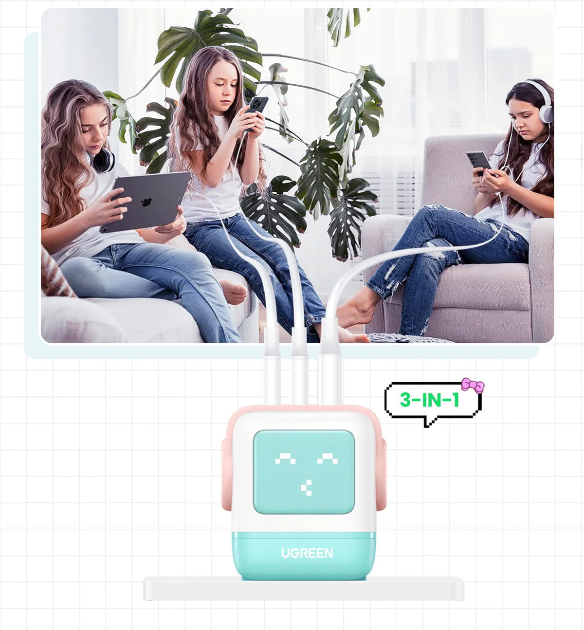 Ładowarka sieciowa UGREEN CD361 Uno, 65W, 3.25A, 1 x USB-A - 2 x USB-C, Turkusowa