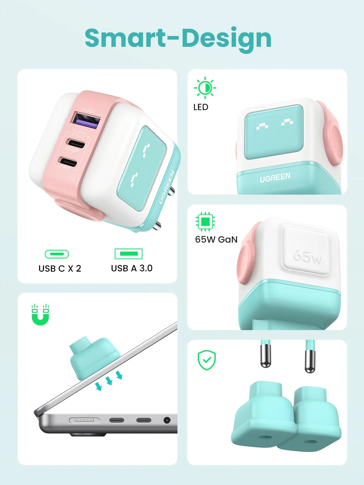 Ładowarka sieciowa UGREEN CD361 Uno, 65W, 3.25A, 1 x USB-A - 2 x USB-C, Turkusowa